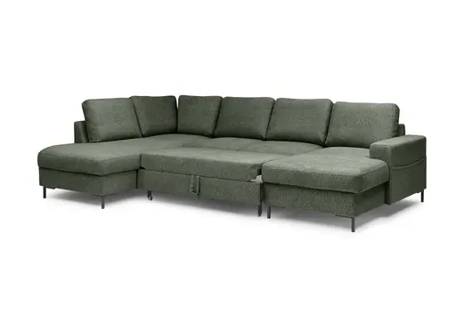 Wohnlandschaft - Ecke links mit 2-Sitzer und Longchair rechts, Stoff, Dunkelgrün