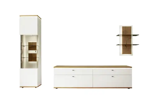 Wohnwand mit Beleuchtung - Weiß, Absetzung Wildeiche Furnier