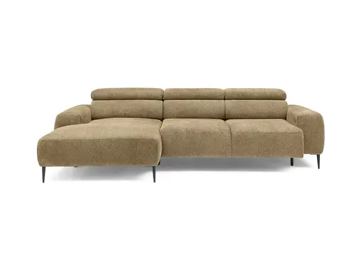 Ecksofa - Longchair links mit 2-Sitzer, Sitzvorzug motorisch, Kopfteil verstellbar, Stoff, Senfgelb
