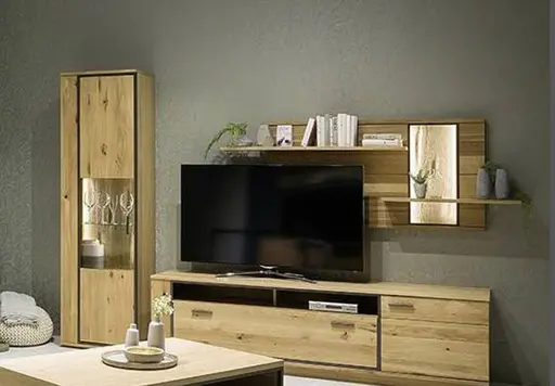 Wohnwand - mit Beleuchtung, Eiche teilmassiv