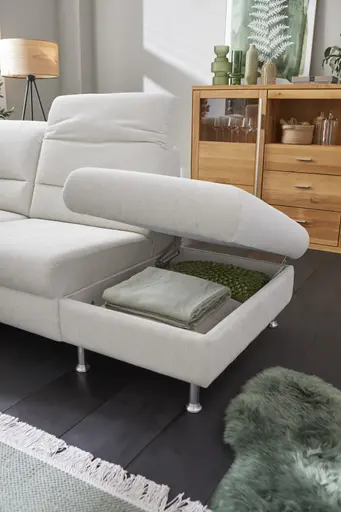 Ecksofa Cornella Plus - 2-Sitzer links mit Ecke und Abschlussteil rechts inkl. Relaxfunktion (motorisch), Kopfteilverstellung und Stauraum, Stoff, Creme