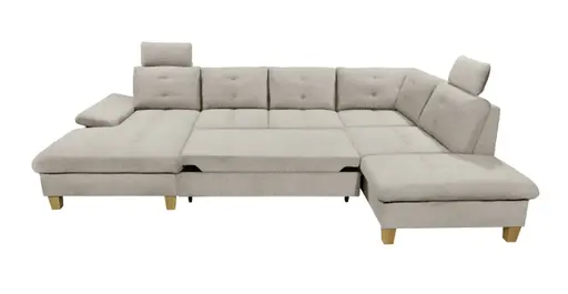 Wohnlandschaft - Ecke links, 2-Sitzer, Longchair rechts inkl. Schlaffunktion mit Bettkasten, Stoff, Hellgrau