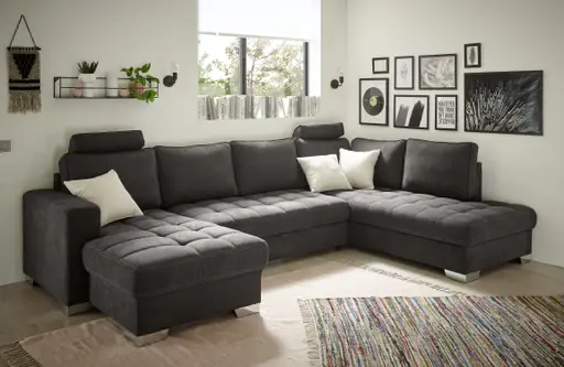 Wohnlandschaft - Ecke Links, 3-Sitzer, Ottomane rechts in Microfaser Grau