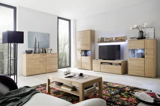 Wohnwand - mit Beleuchtung, Eiche teilmassiv