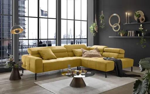 Ecksofa COLLEEN 2.0 - 2-Sitzer mit Ecke rechts, Kopfteil verstellbar, Feincord, Gold