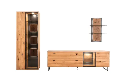 Wohnwand - inkl. Beleuchtung, Eiche, teilmassiv