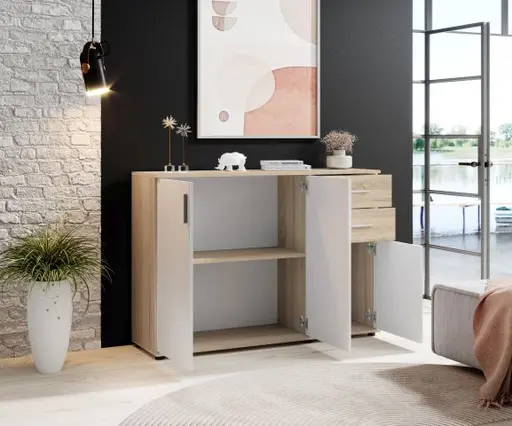 Kommode - B ca. 120 cm, Sonoma Eiche Nachbildung, Weiß