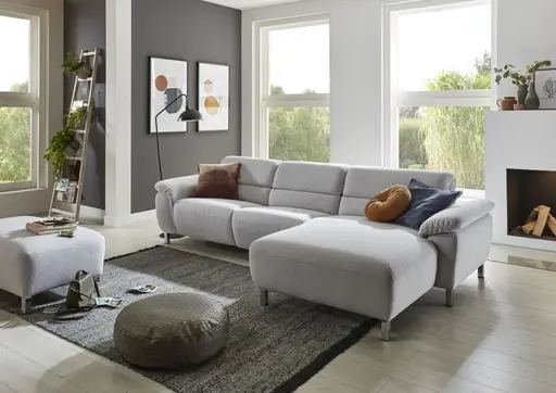 Ecksofa - 3-Sitzer mit Longchair rechts, Kopfteil verstellbar (manuell), Flachgewebe, Grau