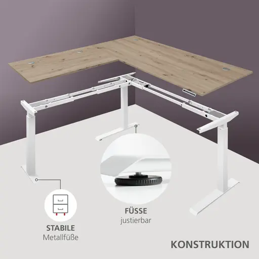 Winkelschreibtisch - höhenverstellbar, LB ca. 185x177 cm, Artisan Eiche Nachbildung, Weiß