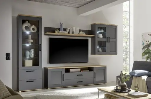 Wohnwand - mit Beleuchtung, Grau, Artisan Eiche Nachbildung