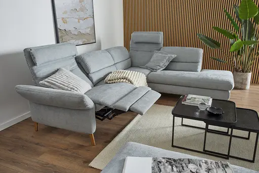 Ecksofa Jacksonville - 3-Sitzer medium, Eckelement mit Abschlussteil rechts, inkl. Relaxfunktion (motorisch) und Armlehne verstellbar, Stoff, Hellblau