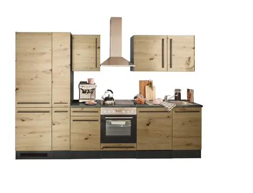 Küchenblock- Inkl. E-Geräte, B ca. 310 cm, Anthrazit, Eiche Dekor