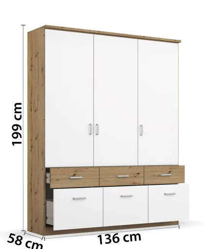 Drehtürenschrank ROYAN- B ca. 136 cm, Eiche Dekor, Weiß