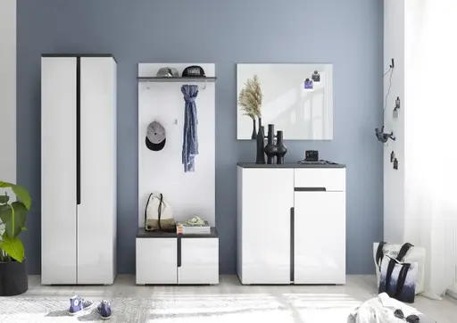 Garderobenschrank - B ca. 60 cm, Weiß, Weiß Hochglanz, Anthrazit