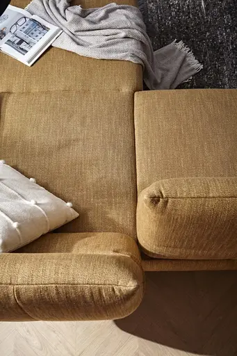 Ecksofa Lucero - 2-Sitzer mit Longchair rechts inkl. Rückenlehne/Armlehne/Sitztiefe verstellbar und drehbares Sitzelement, Stoff, Senfgelb
