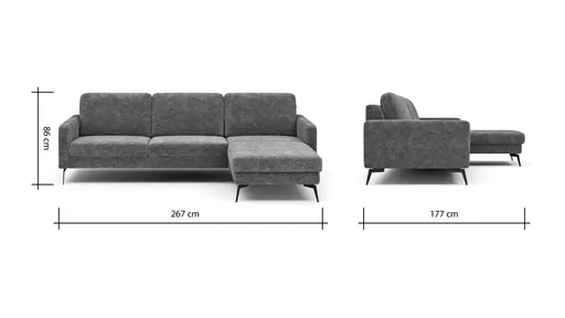 Ecksofa Enna - 3-Sitzer mit Longchair rechts, Armlehne A, Stoff, Graubraun