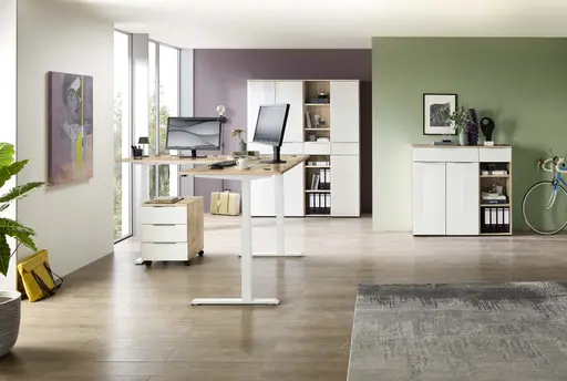 Winkelschreibtisch - höhenverstellbar, LB ca. 185x177 cm, Artisan Eiche Nachbildung, Weiß