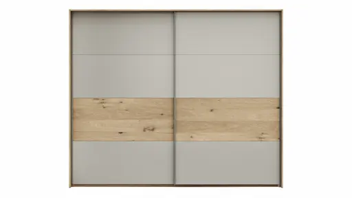 Schwebetürenschrank Viana - B ca. 248 cm, Furnier, Balkeneiche, Hellgrau