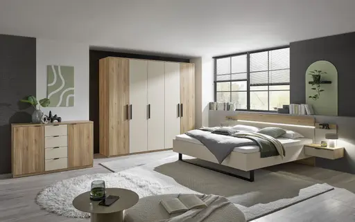 Drehtürenschrank - B. ca. 250,4 cm, Außentüren Holzdekor, Mitteltüren Beige