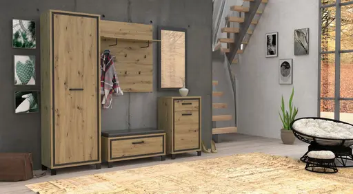 Garderobenbank FARIDA - Polstersitzfläche, Eiche Dekor, Schwarz