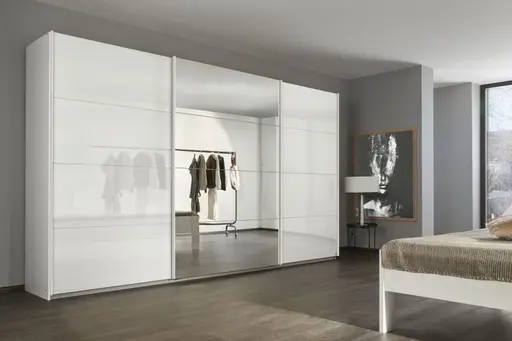 Schwebetürenschrank RIVASA- B ca. 361 cm, Weiß, Weiß Hochglanz, Spiegel