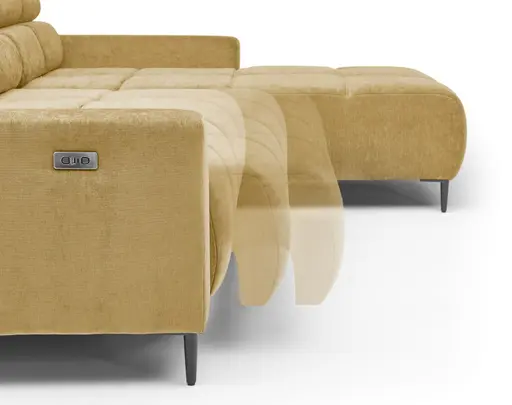 Ecksofa - 2-Sitzer mit Longchair rechts, Sitztiefe verstellbar motorisch/Kopfteil verstellbar, Stoff, Senfgelb