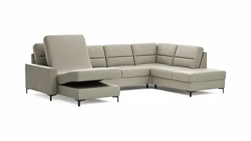 Wohnlandschaft Merlos H - Longchair links und 2,5-Sitzer mit Ecke rechts inkl. Relaxfunktion (motorisch), Leder, Kreide