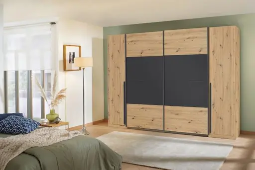 Schwebetürenschrank ROMAN- B ca. 180 cm, Eiche Dekor, Dunkelgrau