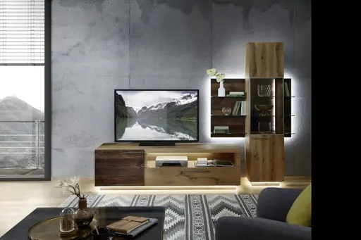 Wohnwand - mit Beleuchtung, Alteiche Furnier, Akzent Alm-Altholz