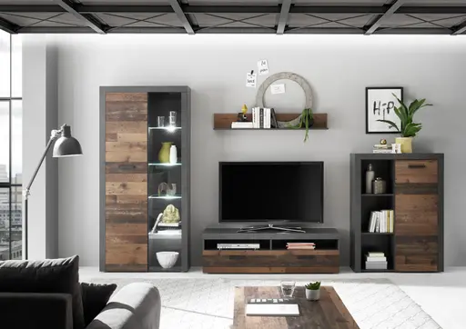 Wohnwand - mit Beleuchtung, Vintage Dekor, Betonoptik Dunkelgrau