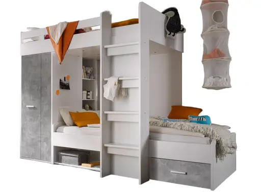 Hochbett- Liegefläche ca.90x200 cm, Weiß, Betonoptik Grau