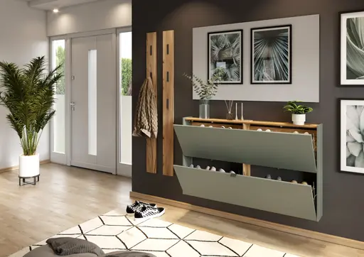 Schuhschrank GIANNA - B ca. 140 cm, Taupegrün, Navarra Eiche Nachbildung