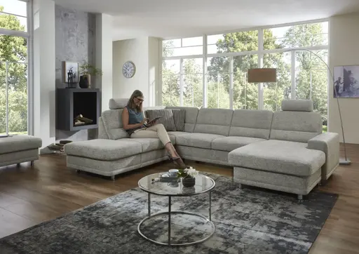 Wohnlandschaft - keine Funktionen, Ecke links, 2,5-Sitzer, Longchair rechts, Webstoff Grau