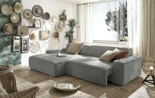 Ecksofa - Longchair links mit 2-Sitzer, Sitzvorzug motorisch, Stoff, Graphit