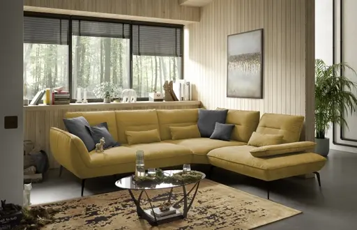 Ecksofa PAYTON - 2,5-Sitzer, Ecke rechts inkl. Rückenneigung, Armteilverstellung, Stoff, Senfgelb