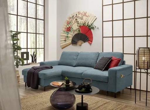 Ecksofa - Longchair links mit 2-Sitzer, Stoff, Azur