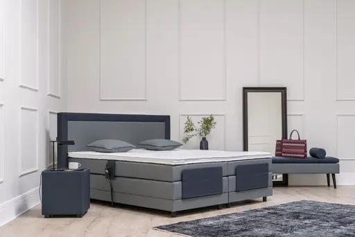 Boxspringbett Nelma - Liegefläche ca. 180x200 cm, Stoff, Blaugrau-Dunkelblau