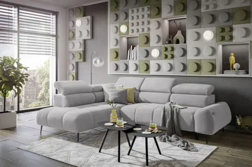 Ecksofa - Ecke links mit 2-Sitzer, Sitzvorzug motorisch, Kopfteil verstellbar, Stoff, Hellgrau