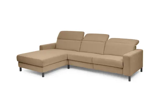 Ecksofa - CALM FLEX 2.0, Longchair links mit 3-Sitzer, Kopfteil verstellbar, Stoff, Apricot
