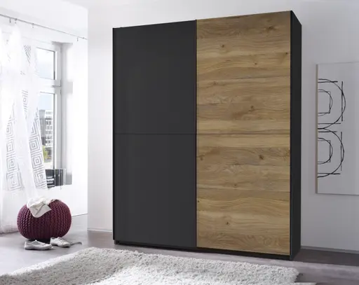 Schwebetürenschrank- B ca. 215 cm, Graphit, Eiche Dekor