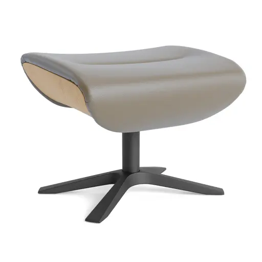 Hocker Avina - Leder, Graubeige, Holzschale Eiche unbehandelt