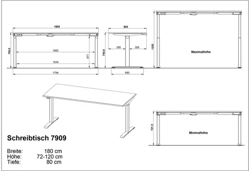 Schreibtisch GELI - höhenverstellbar, LB ca. 180x80 cm, Eiche Nachbildung, Weiß