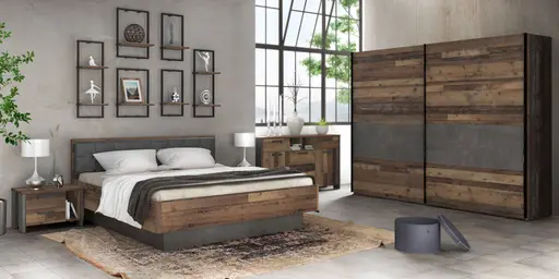 Bettgestell FEA - gepolstertes Kopfteil, Liegefläche ca. 180x200 cm, Old Wood Vintage Dekor, Betonoptik Dunkelgrau