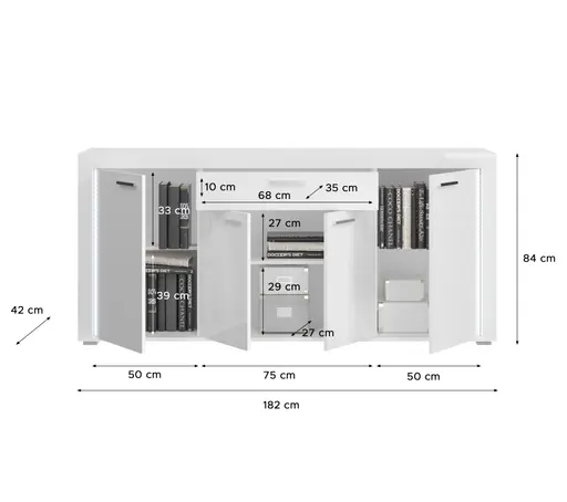 Sideboard - mit Beleuchtung, B ca. 182 cm, Weiß, Weiß Hochglanz