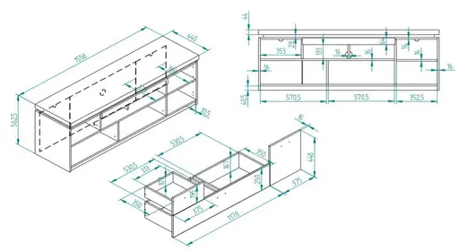 TV-Lowboard - mit Beleuchtung, B ca. 156 cm, Salbeigrün, Eiche Evoke Nachbildung