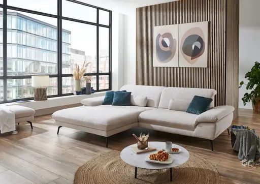  Ecksofa - Longchair links mit 1,5-Sitzer, Kopfteil verstellbar, Stoff, Ecru