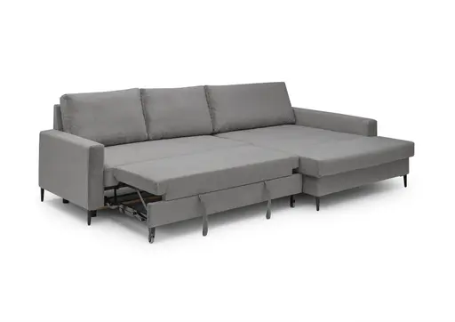 Ecksofa - 3-Sitzer mit Longchair rechts, Schlaffunktion mit Bettkasten, Stoff, Grau