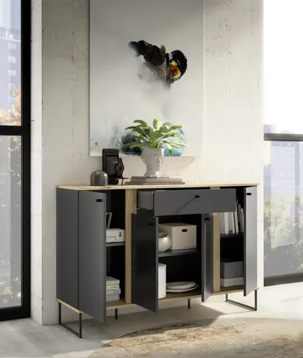 Sideboard - B ca. 135 cm, Anthrazit, Evoke Eiche Nachbildung