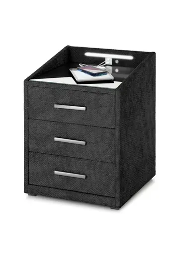 Nachttisch- Schwarz, mit Glasplatte, inkl. Beleuchtung