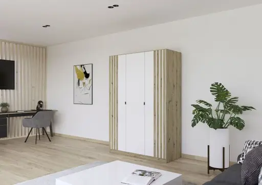 Drehtürenschrank RUERTO- B ca. 136 cm, Eiche Dekor, Weiß, Paneel, Eiche Dekor